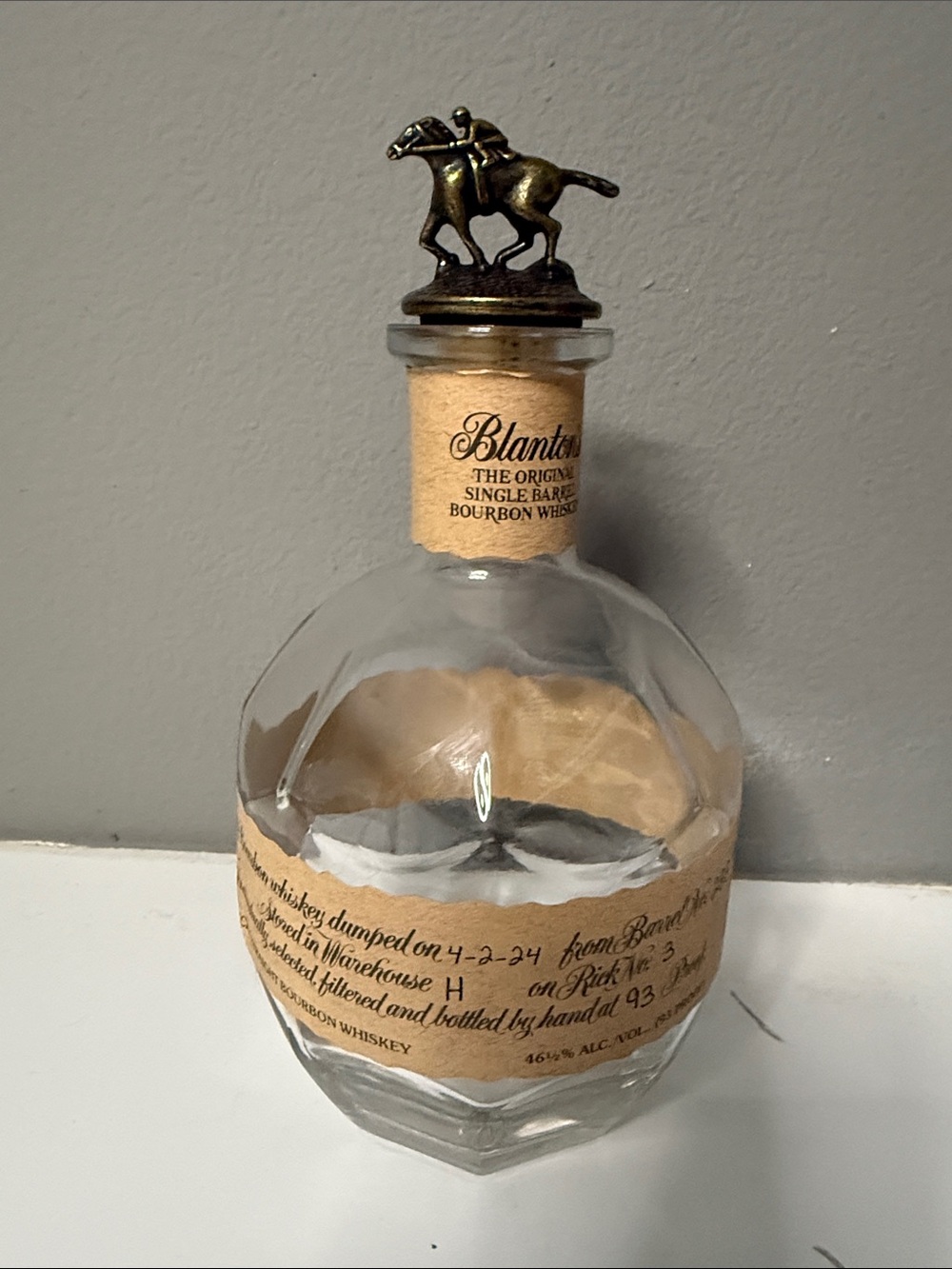 Empty Blanton's Single Barrel Bourbon Whiskey Bottle and
"L” Jockey Stopper